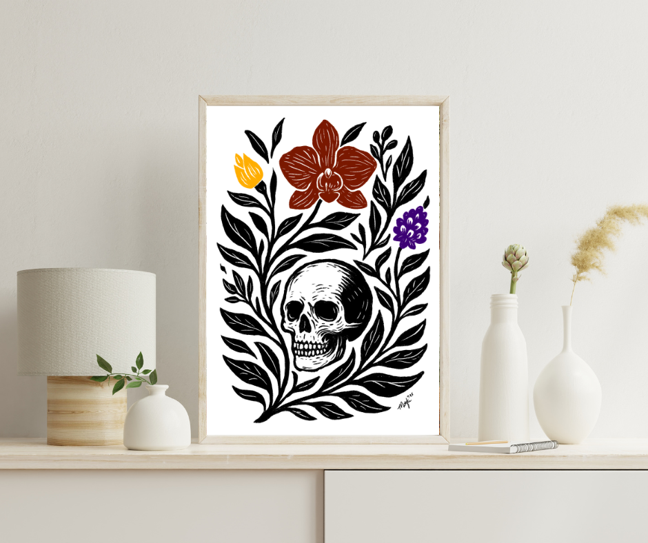Art Print - "Skull Garden" Folk Art Minimal Modern Botanical
