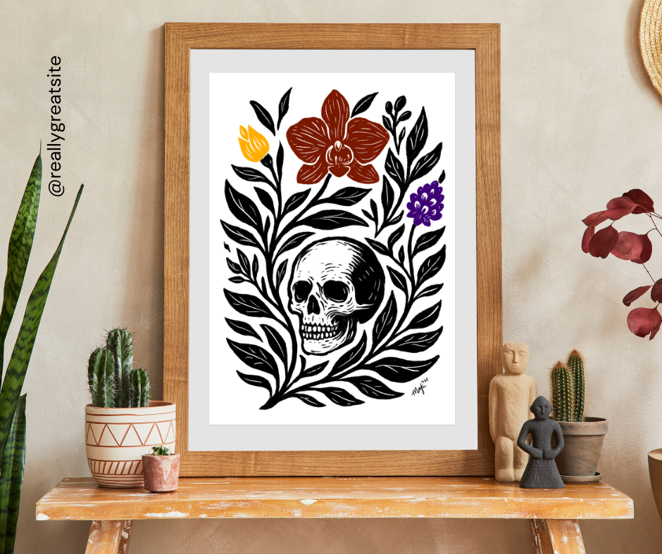 Art Print - "Skull Garden" Folk Art Minimal Modern Botanical