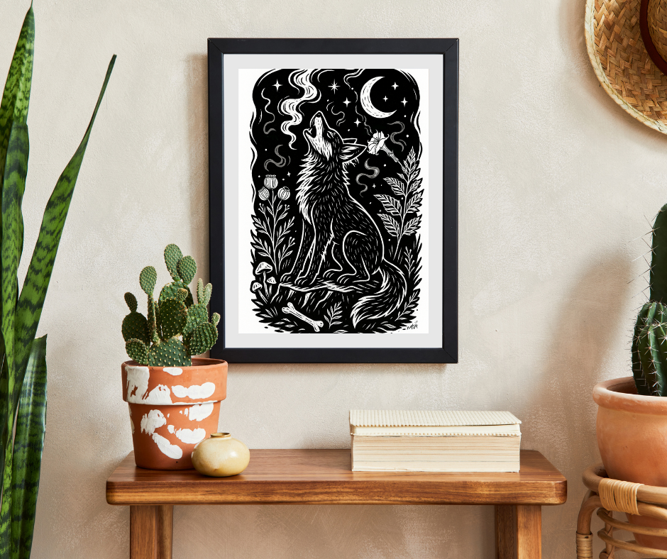 Art Prints - "Inoxia" Monochrome Mystical Wolf Folk