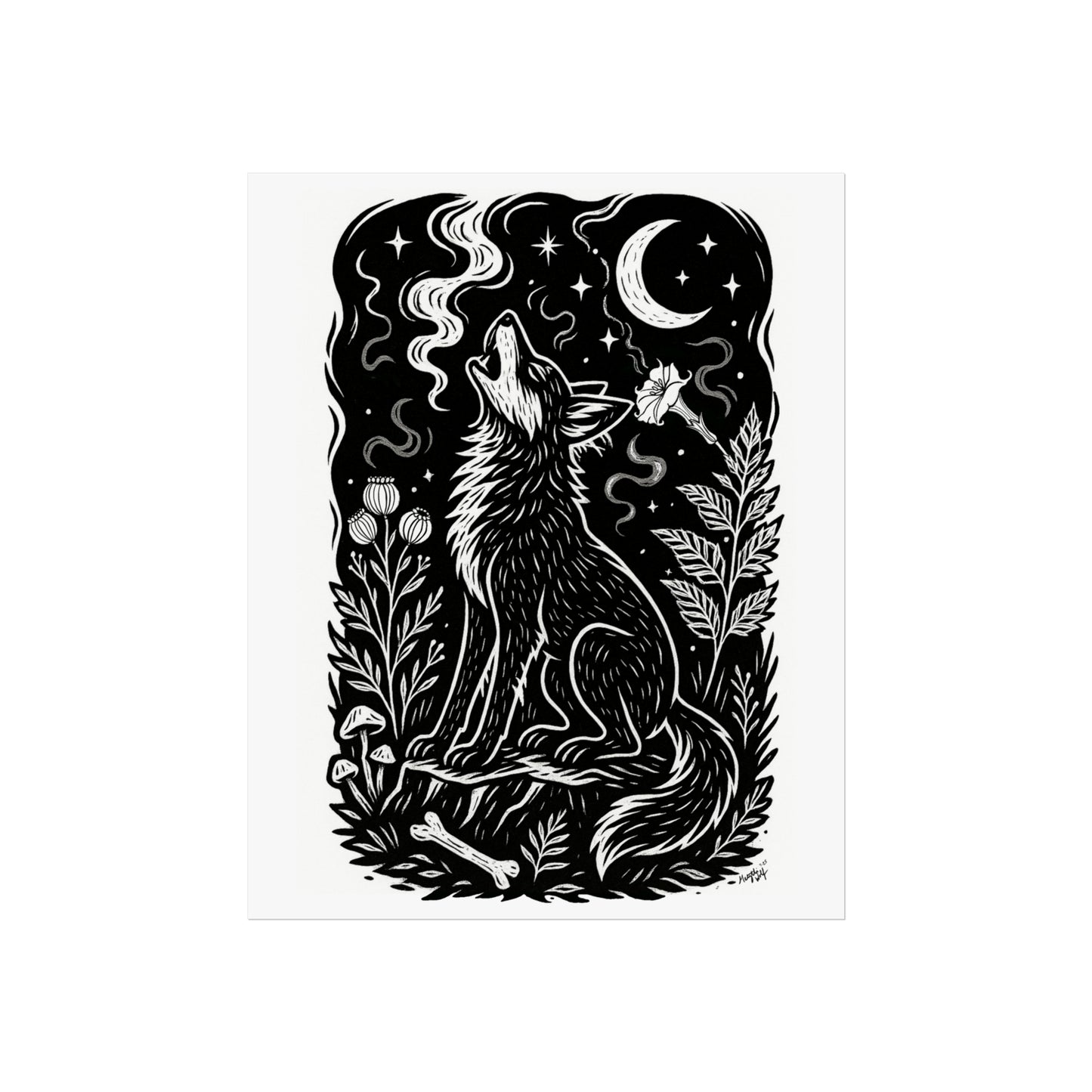 Art Prints - "Inoxia" Monochrome Mystical Wolf Folk