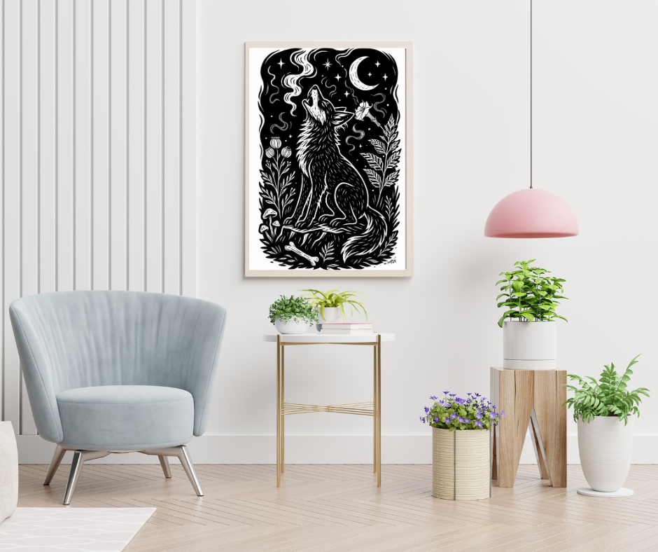 Art Prints - "Inoxia" Monochrome Mystical Wolf Folk