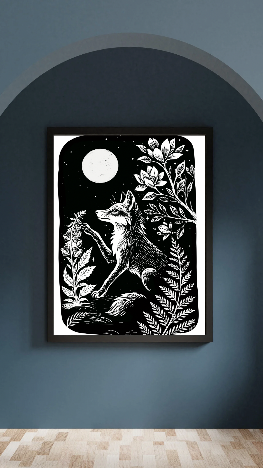 Art Prints - "Digitalis" Monochrome Mystical Fox Folk Art Linocut Style