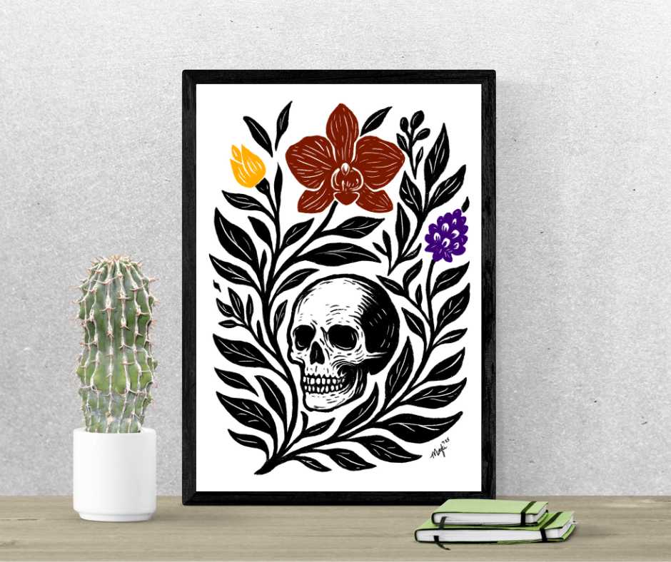 Art Print - "Skull Garden" Folk Art Minimal Modern Botanical