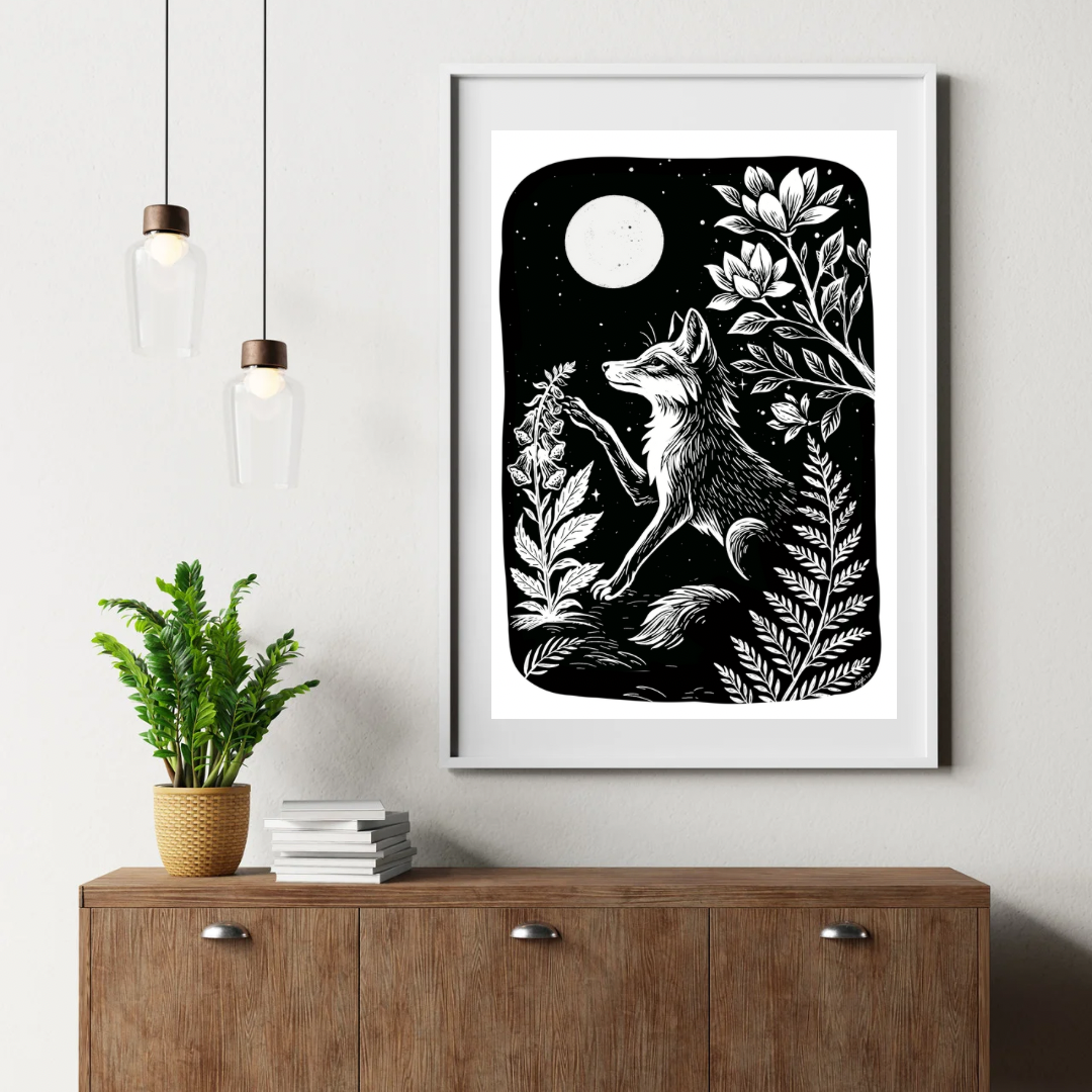 Art Prints - "Digitalis" Monochrome Mystical Fox Folk Art Linocut Style