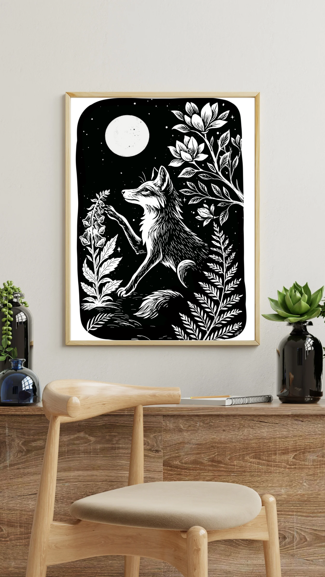 Art Prints - "Digitalis" Monochrome Mystical Fox Folk Art Linocut Style