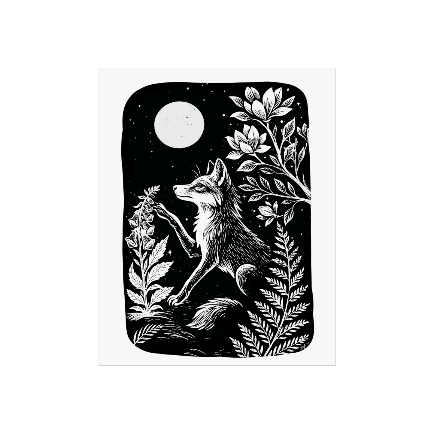 Art Prints - "Digitalis" Monochrome Mystical Fox Folk Art Linocut Style