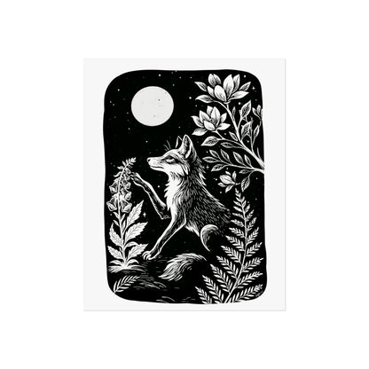 Art Prints - "Digitalis" Monochrome Mystical Fox Folk Art Linocut Style