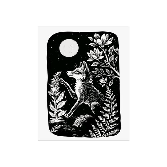 Art Prints - "Digitalis" Monochrome Mystical Fox Folk Art Linocut Style