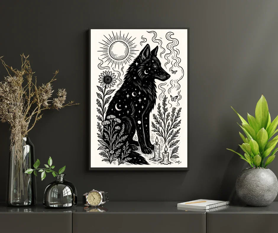Art Print - “Solar Solstice” Mystical Wolf Monochrome Witchy Aesthetic - Revolutionary Mystic