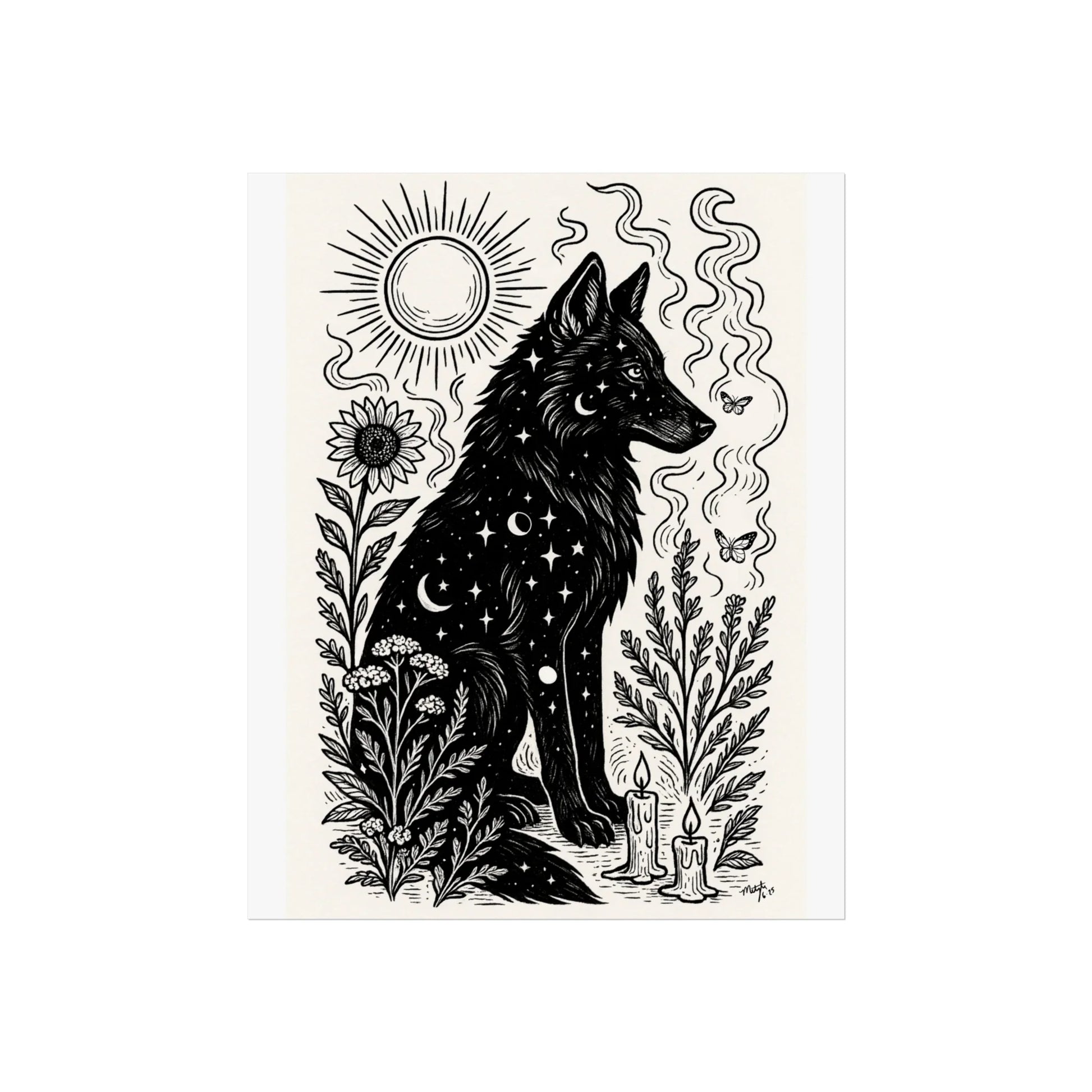 Art Print - “Solar Solstice” Mystical Wolf Monochrome Witchy Aesthetic - Revolutionary Mystic