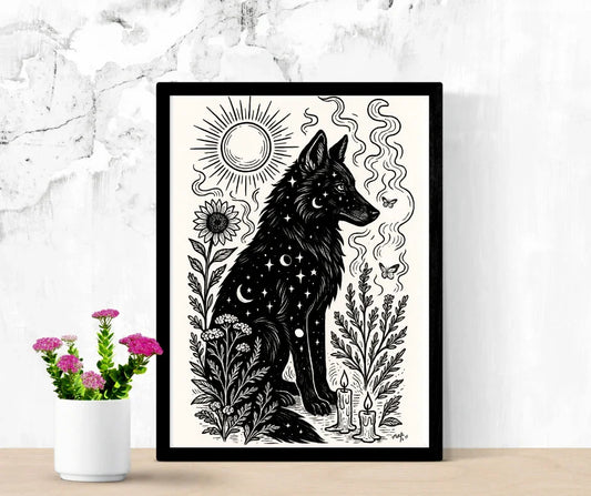 Art Print - “Solar Solstice” Mystical Wolf Monochrome Witchy Aesthetic - Revolutionary Mystic