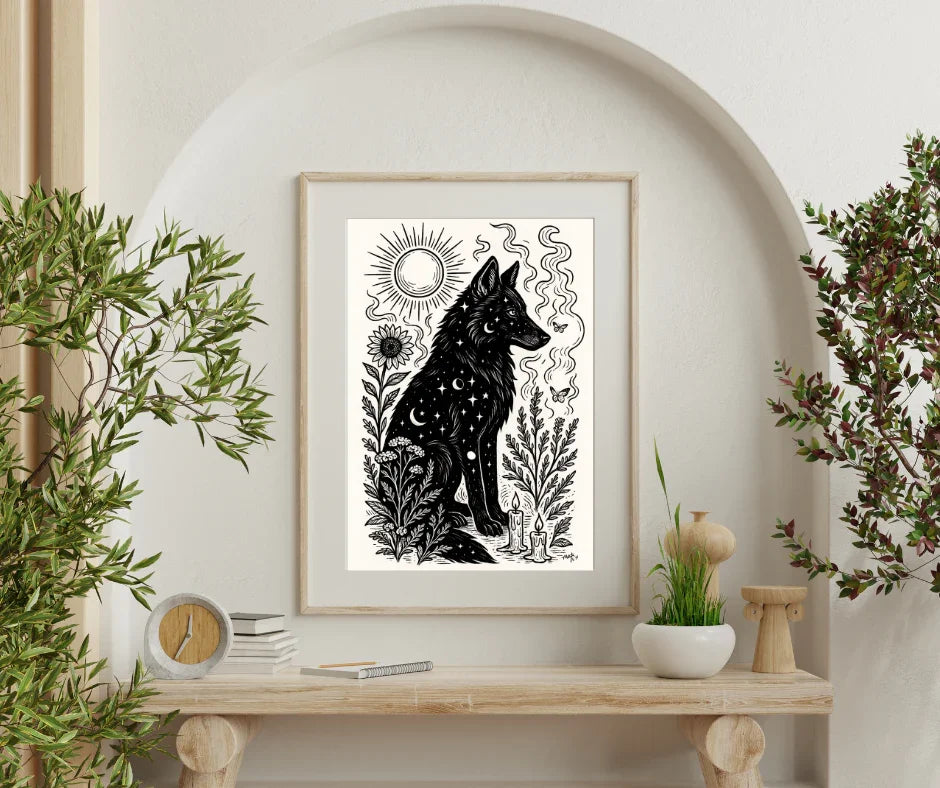 Art Print - “Solar Solstice” Mystical Wolf Monochrome Witchy Aesthetic - Revolutionary Mystic
