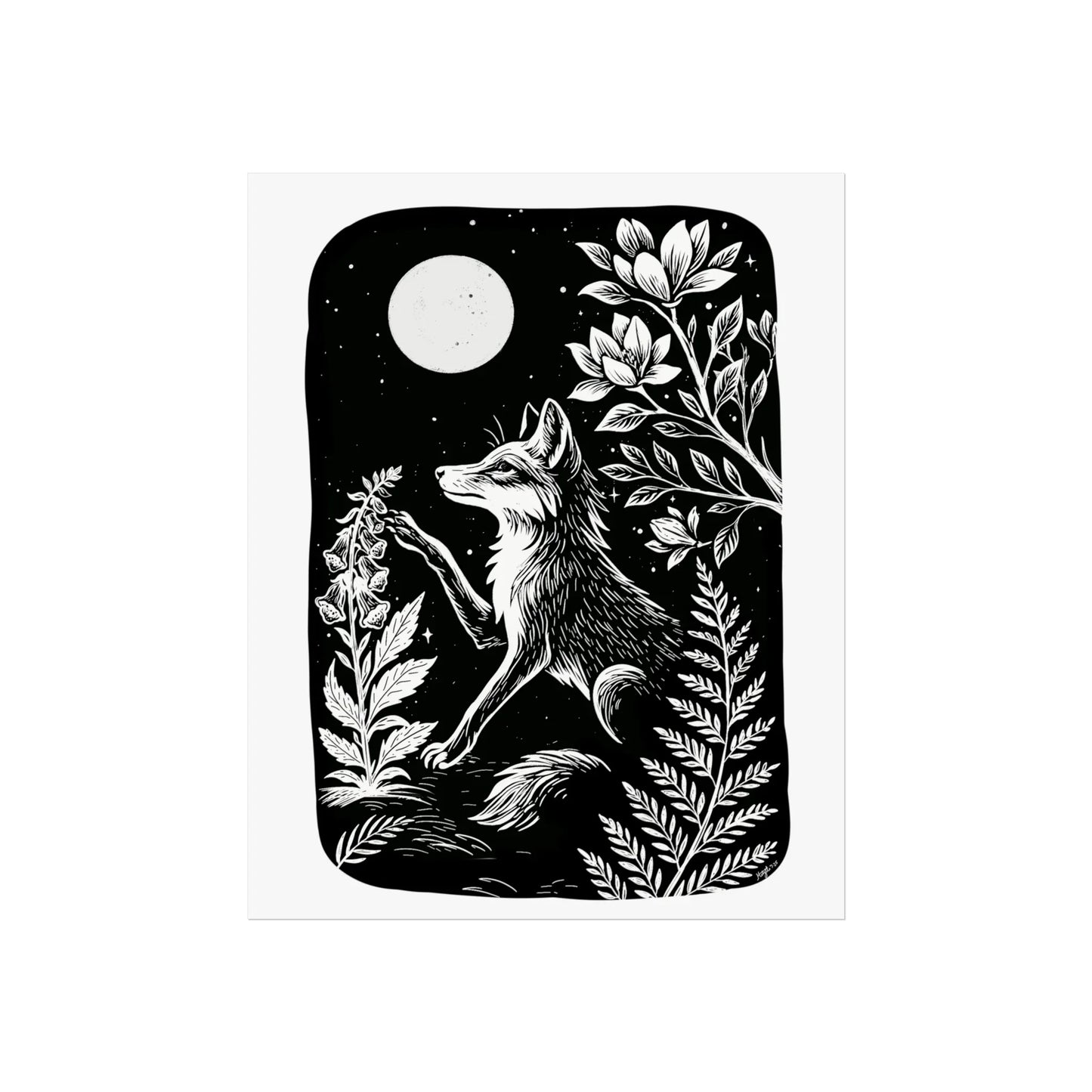 Art Prints - "Digitalis" Monochrome Mystical Fox Folk Art Linocut Style - Revolutionary Mystic