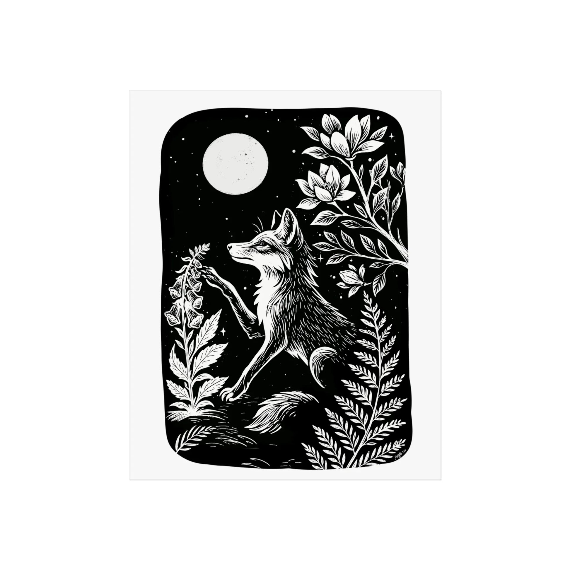 Art Prints - "Digitalis" Monochrome Mystical Fox Folk Art Linocut Style - Revolutionary Mystic