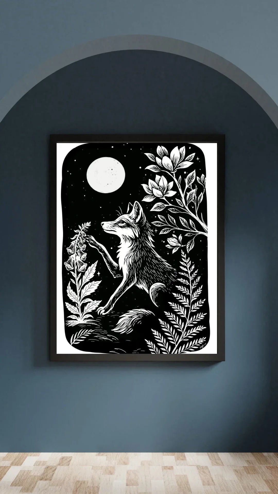 Art Prints - "Digitalis" Monochrome Mystical Fox Folk Art Linocut Style - Revolutionary Mystic